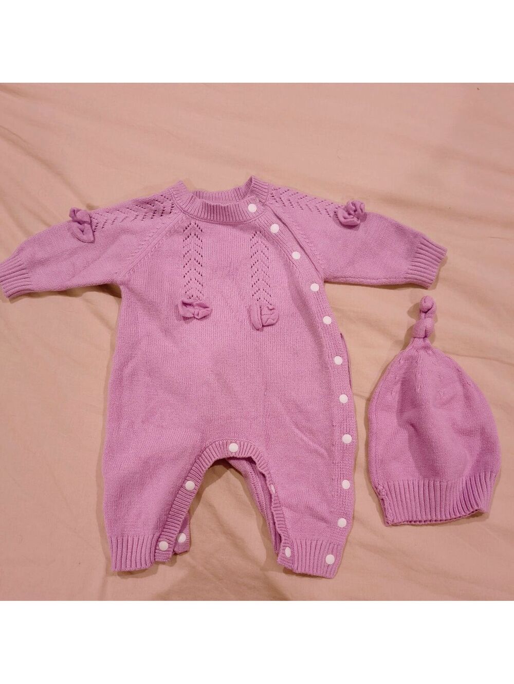 Baby Girl's Lavender Knit Romper with Matching Hat